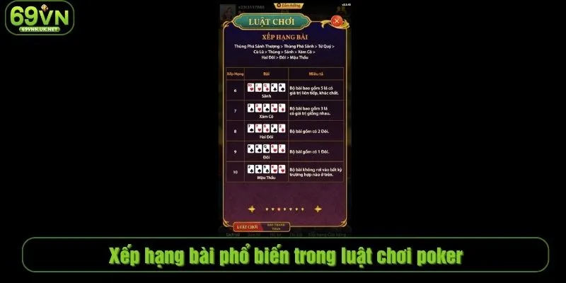 Xếp hạng bài phổ biến trong luật chơi poker